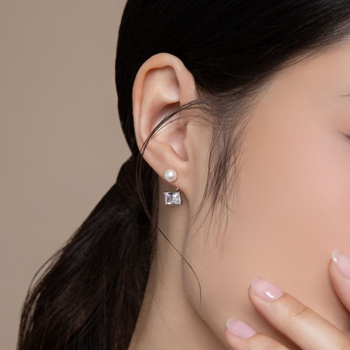 Classic Pearl: Silver Rhodium Princess Cut CZ & Freshwater Pearl Ear Jacket Earrings