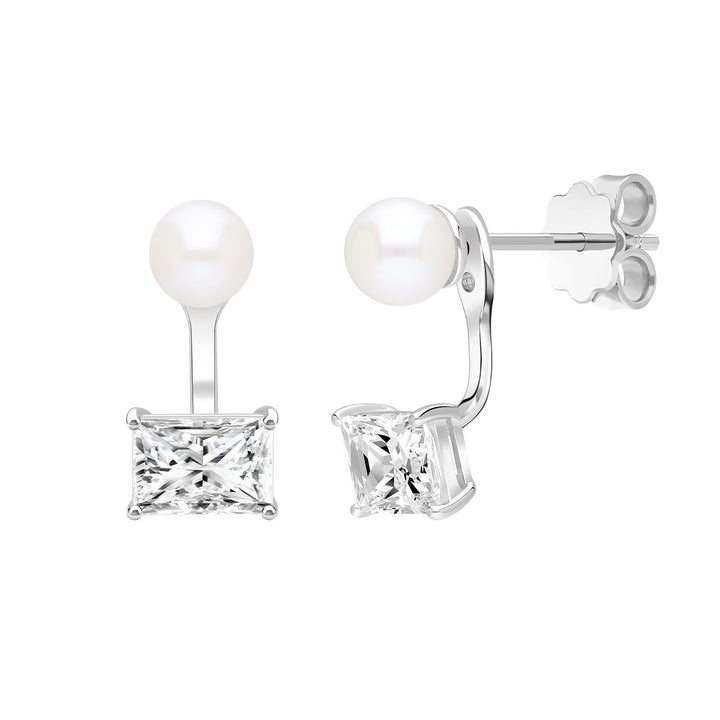 Classic Pearl: Silver Rhodium Princess Cut CZ & Freshwater Pearl Ear Jacket Earrings