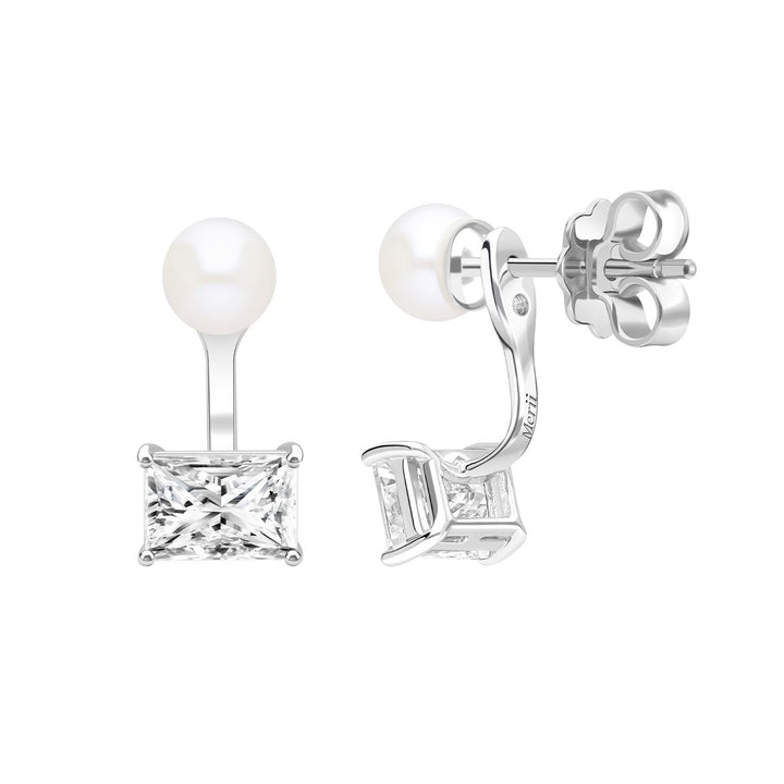 Classic Pearl: Silver Rhodium Princess Cut CZ & Freshwater Pearl Ear Jacket Earrings
