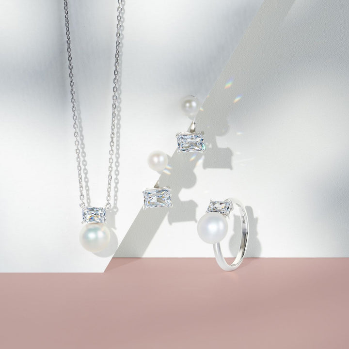 Classic Pearl: Silver Rhodium Princess Cut CZ & Freshwater Pearl Ear Jacket Earrings