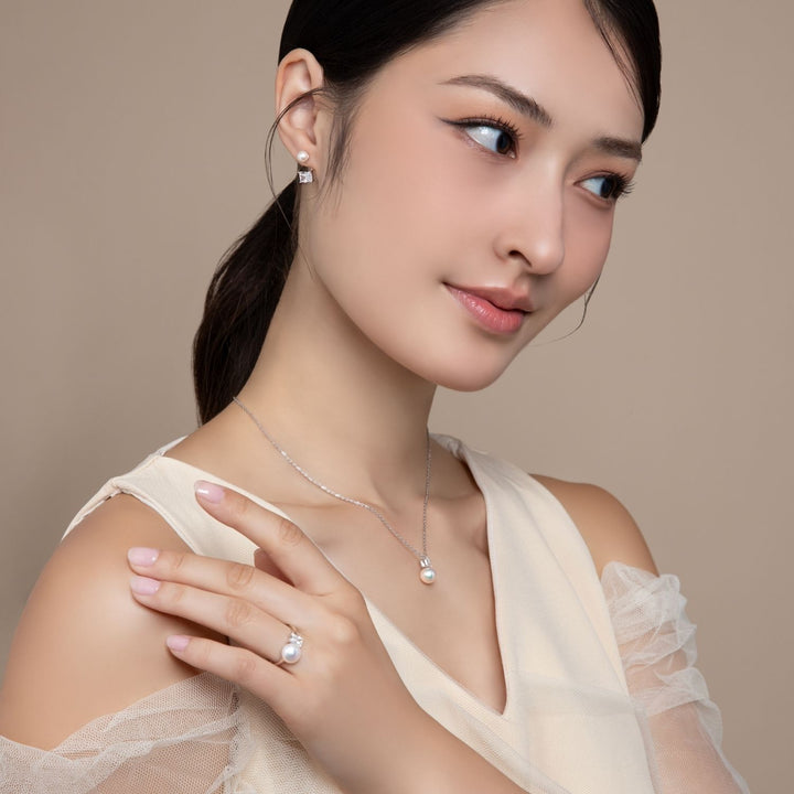 Classic Pearl: Silver Rhodium Princess Cut CZ & Freshwater Pearl Ear Jacket Earrings