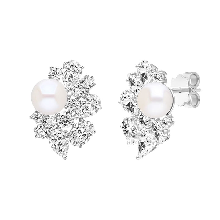 Classic Pearl: Sterling Silver Rhodium Plated Cluster Princessl & CZ Stud Earrings