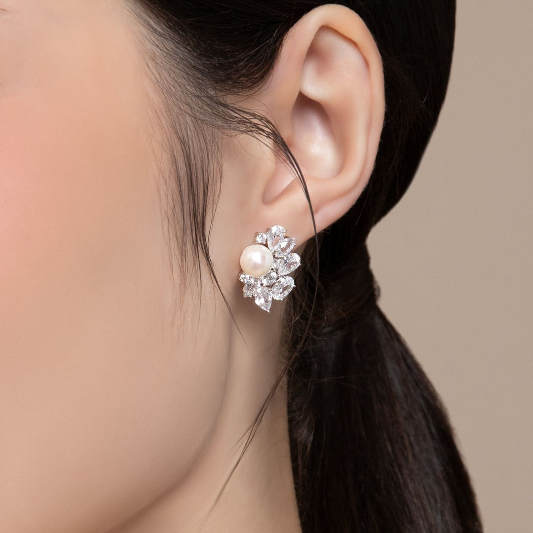Classic Pearl: Sterling Silver Rhodium Plated Cluster Princessl & CZ Stud Earrings