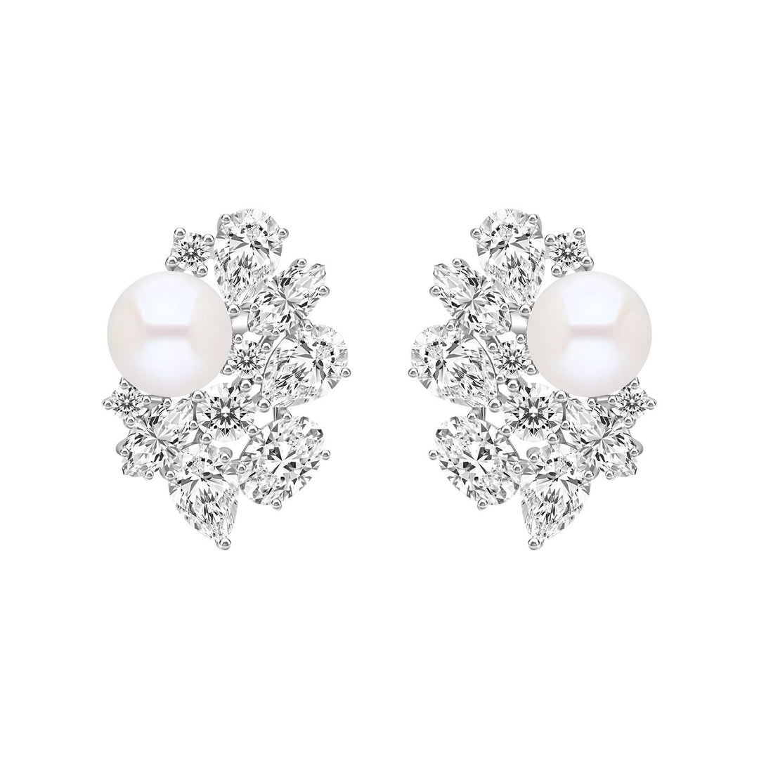Classic Pearl: Sterling Silver Rhodium Plated Cluster Princessl & CZ Stud Earrings