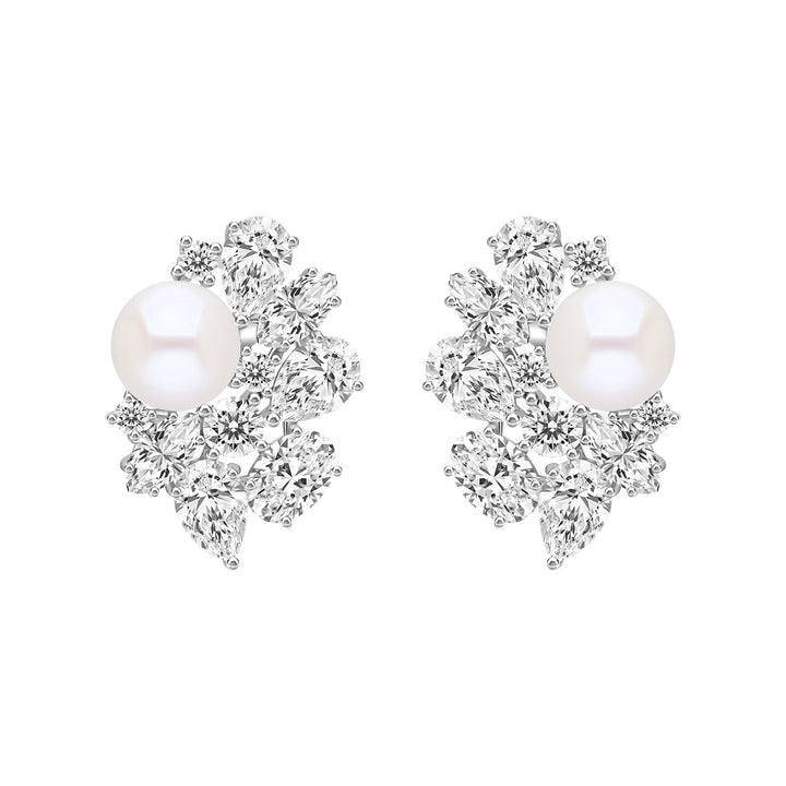 Classic Pearl: Sterling Silver Rhodium Plated Cluster Princessl & CZ Stud Earrings