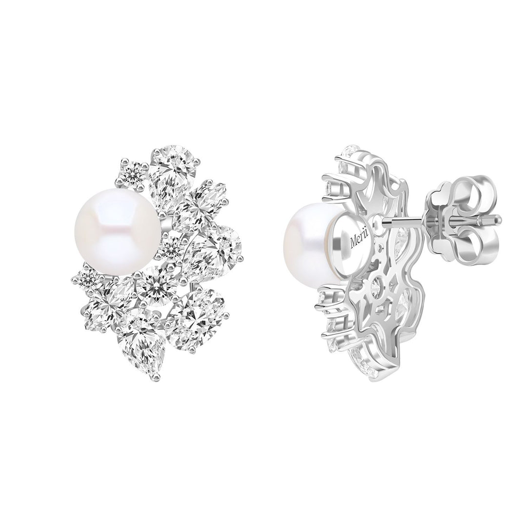 Classic Pearl: Sterling Silver Rhodium Plated Cluster Princessl & CZ Stud Earrings