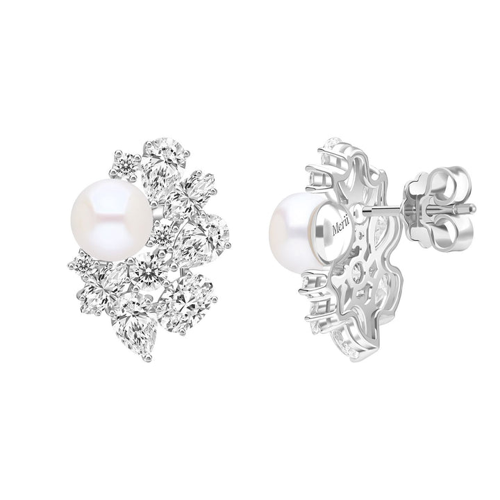Classic Pearl: Sterling Silver Rhodium Plated Cluster Princessl & CZ Stud Earrings
