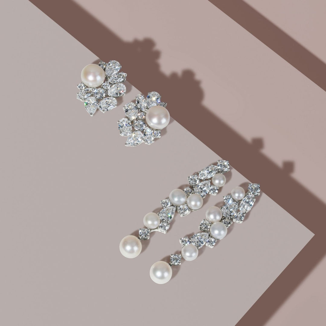 Classic Pearl: Sterling Silver Rhodium Plated Cluster Princessl & CZ Stud Earrings