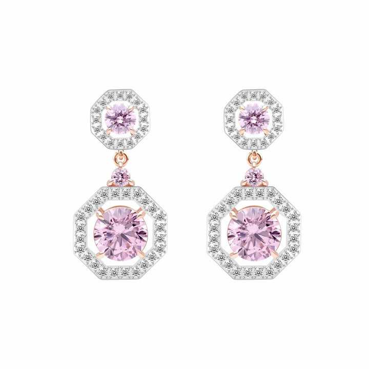 Decorum: ต่างหูระย้าเงินชุบโรสโกลด์ประดับประดับ Pink Cubic Zirconia ล้อมเพชร CZ