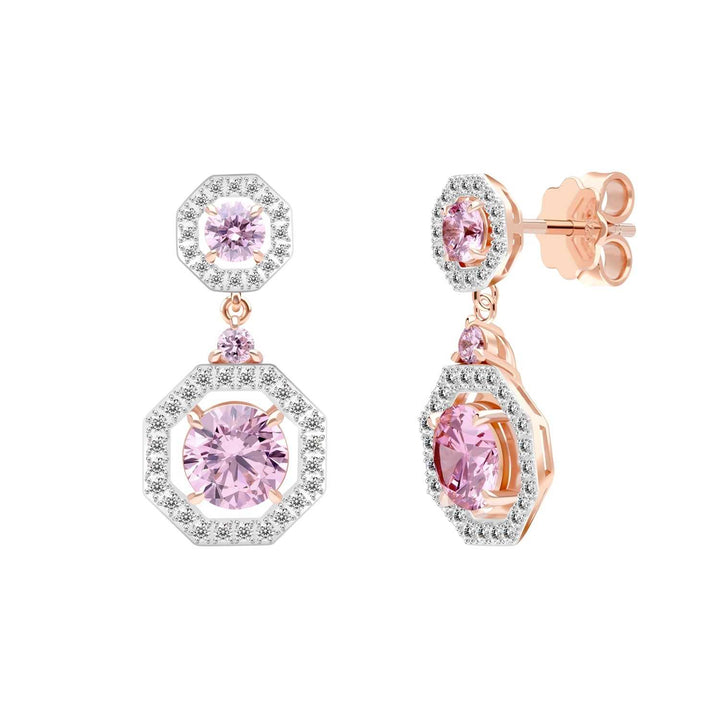 Decorum: ต่างหูระย้าเงินชุบโรสโกลด์ประดับประดับ Pink Cubic Zirconia ล้อมเพชร CZ