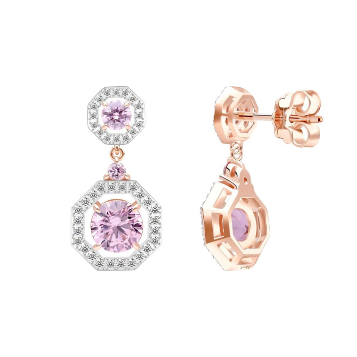 Decorum: ต่างหูระย้าเงินชุบโรสโกลด์ประดับประดับ Pink Cubic Zirconia ล้อมเพชร CZ