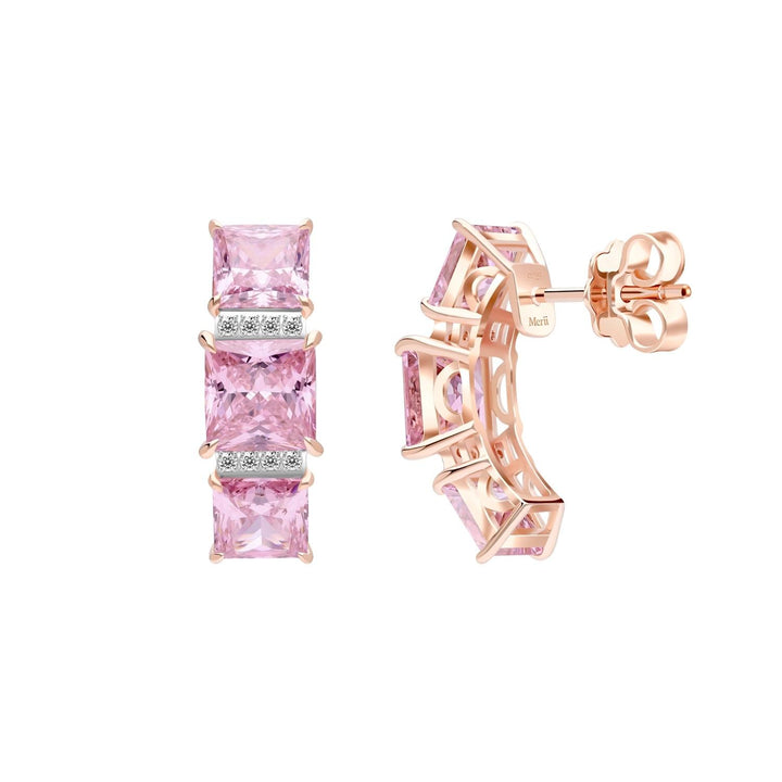 Decorum: ต่างหูสตั๊ดเงินชุบโรสโกลด์ประดับ CZ สีชมพู ทรง Princess Cut