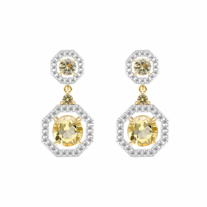 Decorum: ต่างหูระย้าเงินชุบทอง 23K ประดับ Citrine Nanocrystal ล้อมเพชร CZ
