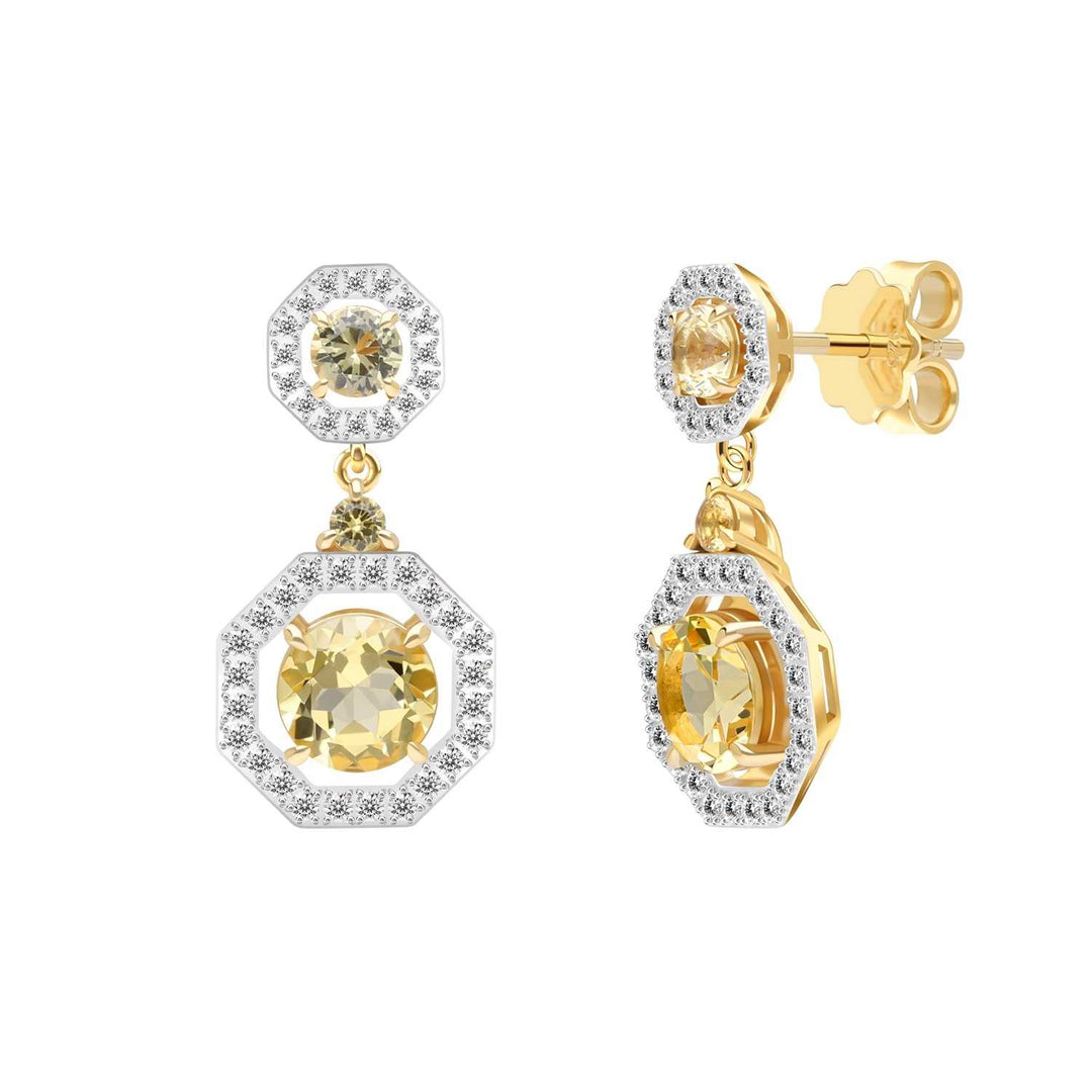 Decorum: ต่างหูระย้าเงินชุบทอง 23K ประดับ Citrine Nanocrystal ล้อมเพชร CZ