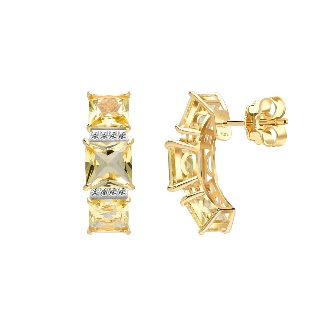 Decorum: ต่างหูสตั๊ดเงินชุบทอง 23K ประดับ Citrine Nanocrystal ทรง Princess Cut