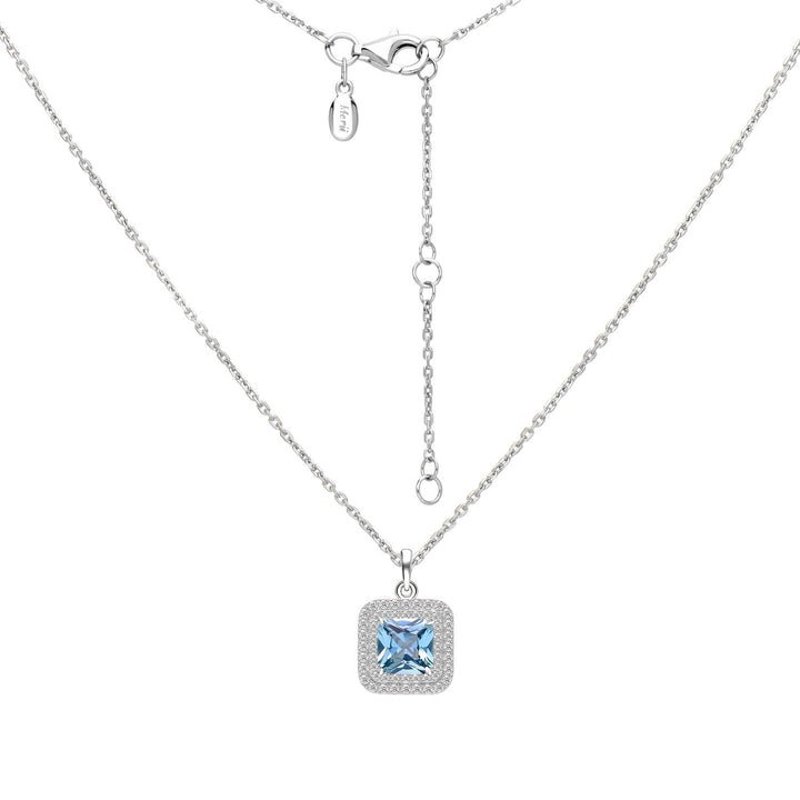 Decorum: Sterling Silver Rhodium Plated Synthetic Aquamarine Spinel Square Cut Double Halo Pendant Necklace