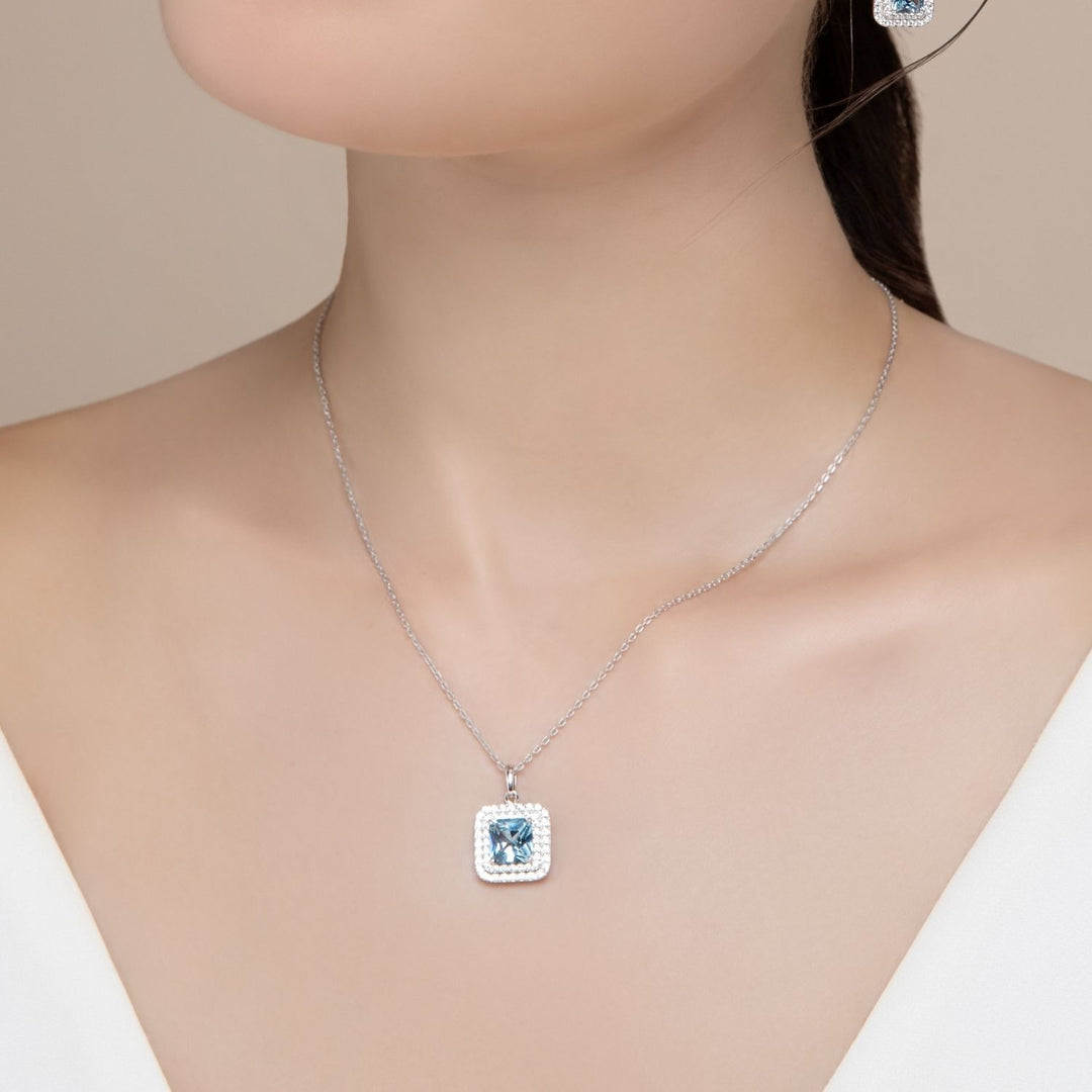 Decorum: Sterling Silver Rhodium Plated Synthetic Aquamarine Spinel Square Cut Double Halo Pendant Necklace