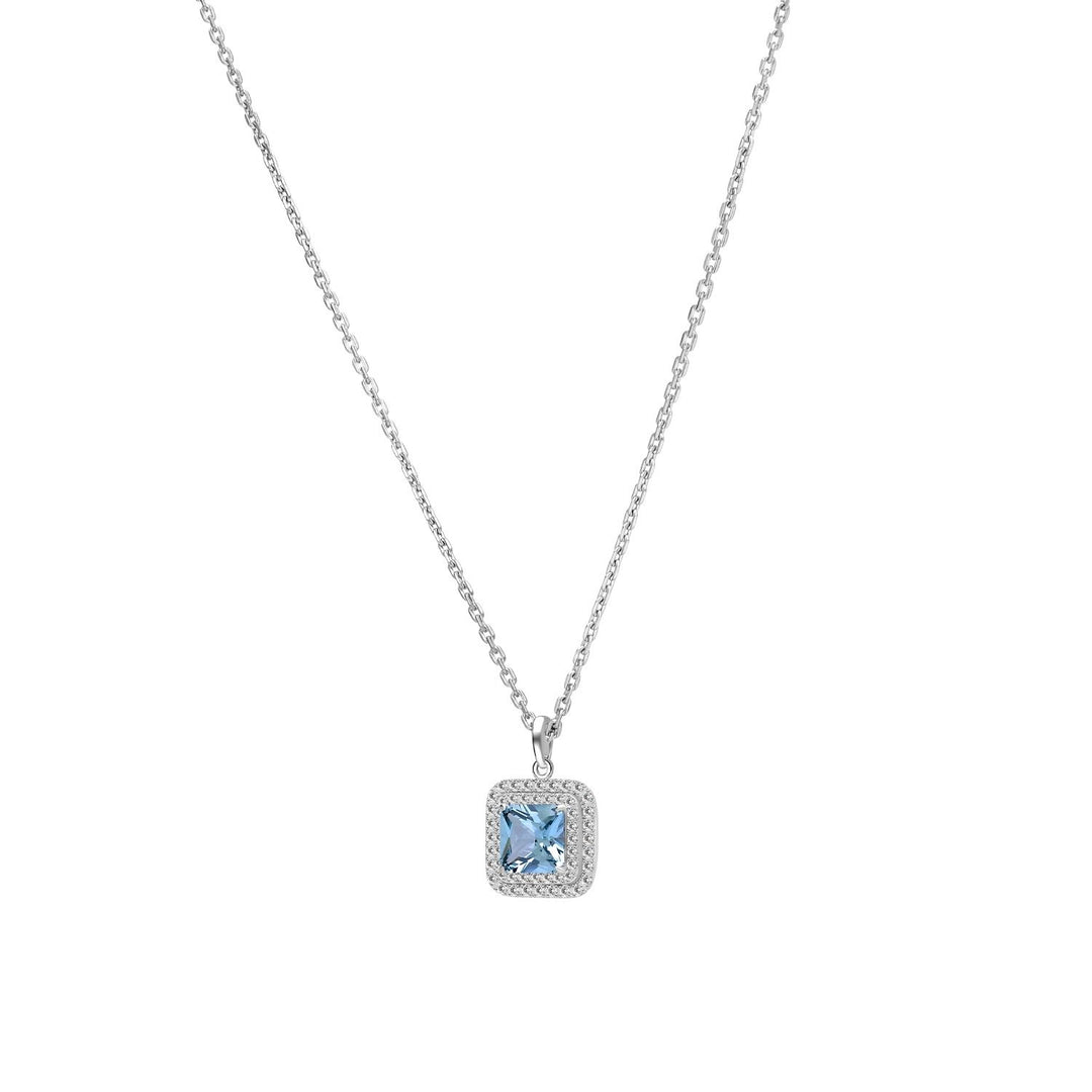 Decorum: Sterling Silver Rhodium Plated Synthetic Aquamarine Spinel Square Cut Double Halo Pendant Necklace
