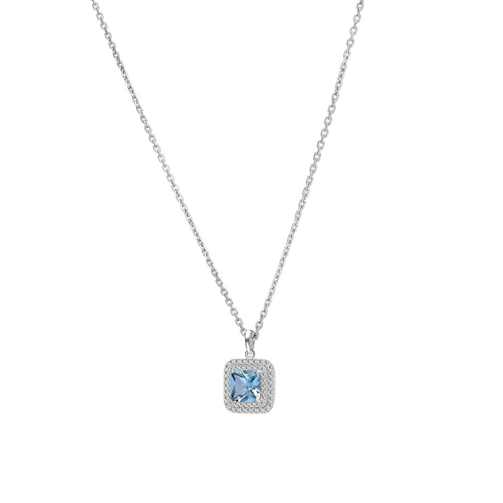 Decorum: Sterling Silver Rhodium Plated Synthetic Aquamarine Spinel Square Cut Double Halo Pendant Necklace