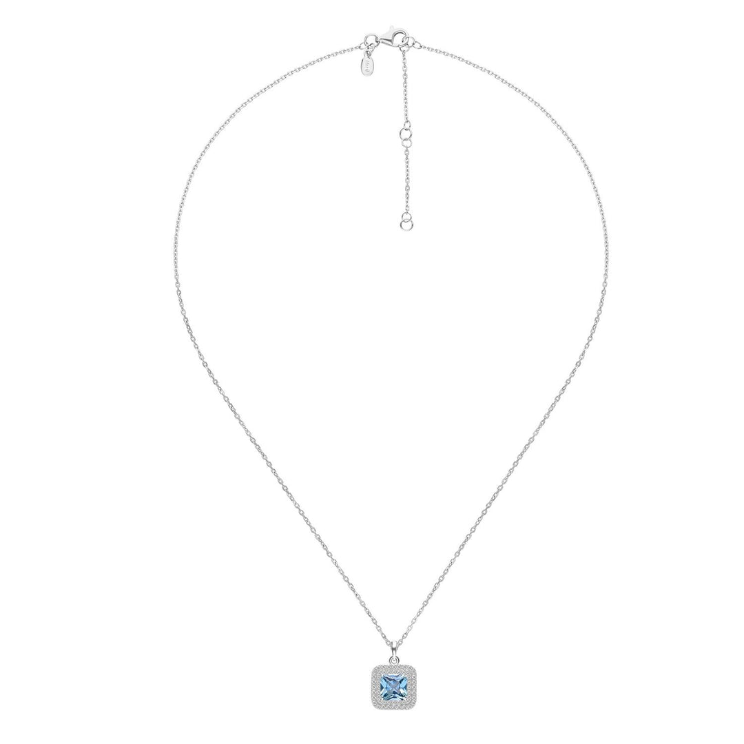 Decorum: Sterling Silver Rhodium Plated Synthetic Aquamarine Spinel Square Cut Double Halo Pendant Necklace
