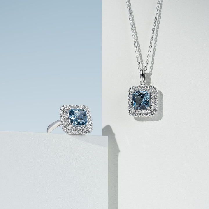 Decorum: Sterling Silver Rhodium Plated Synthetic Aquamarine Spinel Square Cut Double Halo Pendant Necklace