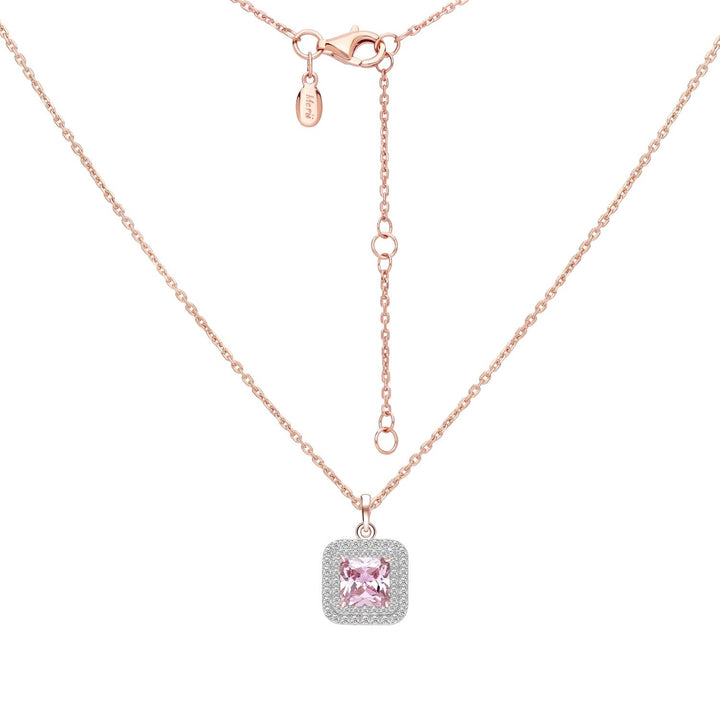 Decorum: สร้อยคอพร้อมจี้เงินชุบโรสโกลด์ประดับ CZ สีชมพูทรง Square Cut ล้อมเพชร CZ สองชั้น