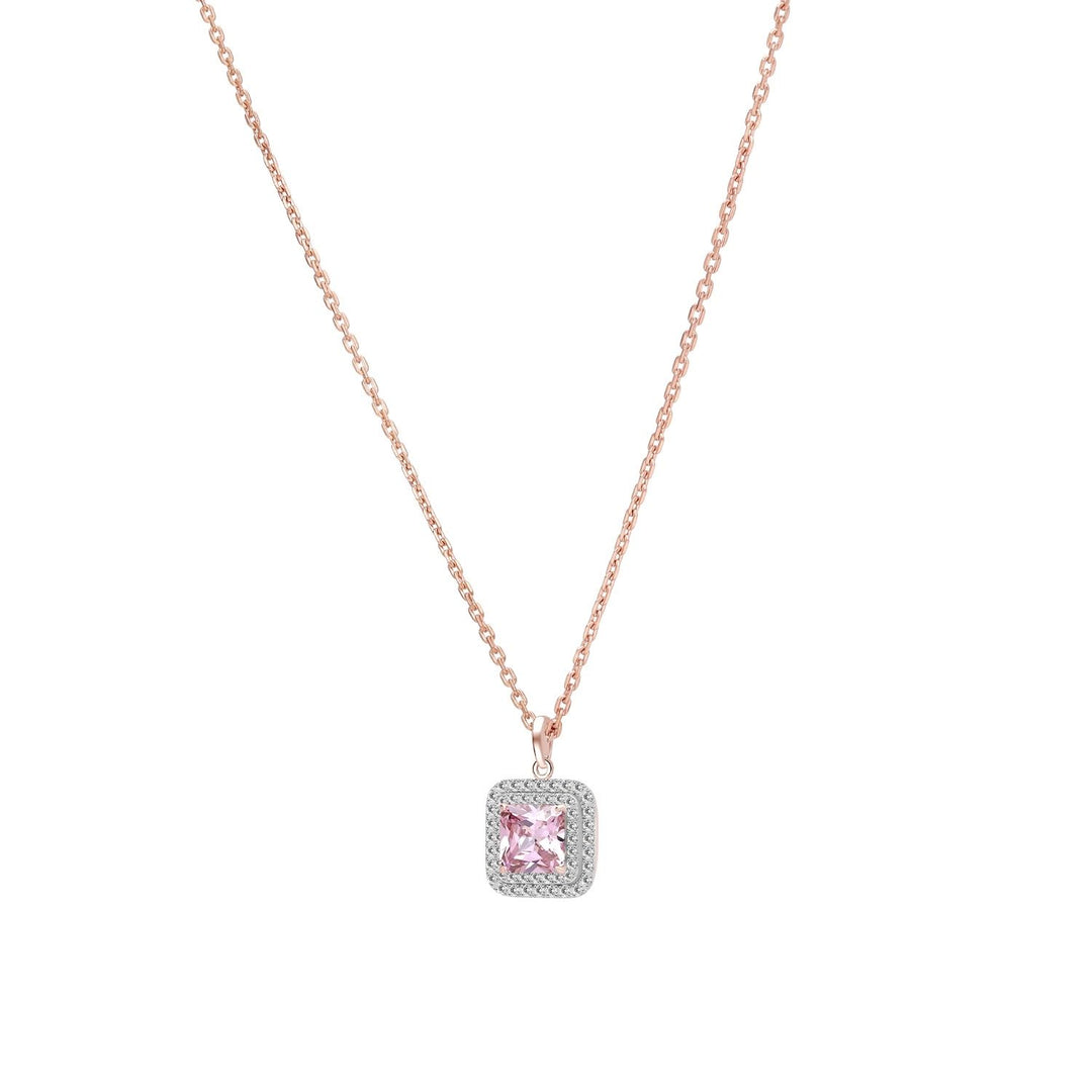 Decorum: สร้อยคอพร้อมจี้เงินชุบโรสโกลด์ประดับ CZ สีชมพูทรง Square Cut ล้อมเพชร CZ สองชั้น
