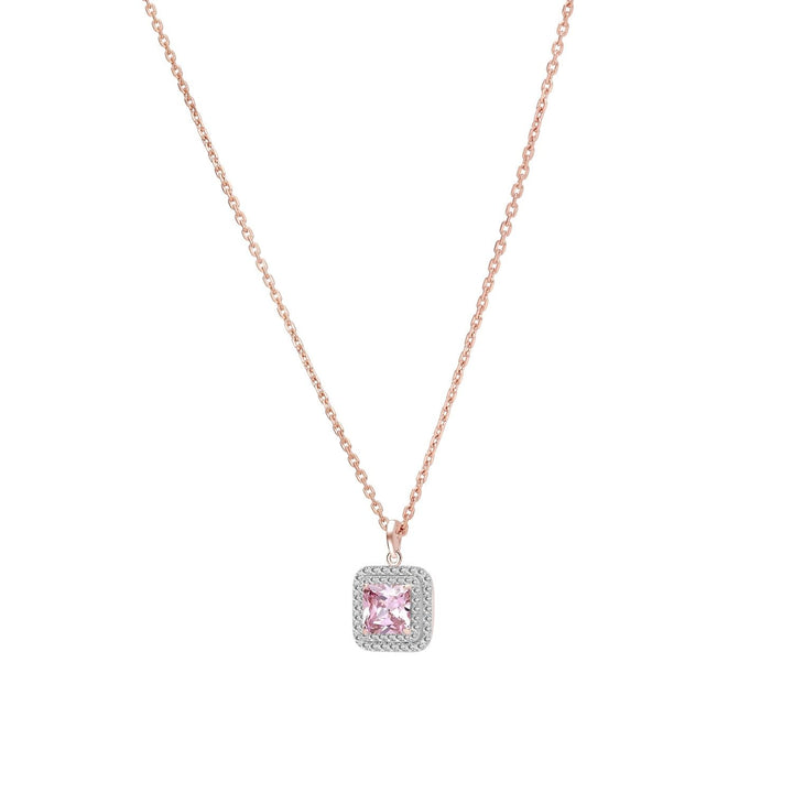 Decorum: สร้อยคอพร้อมจี้เงินชุบโรสโกลด์ประดับ CZ สีชมพูทรง Square Cut ล้อมเพชร CZ สองชั้น