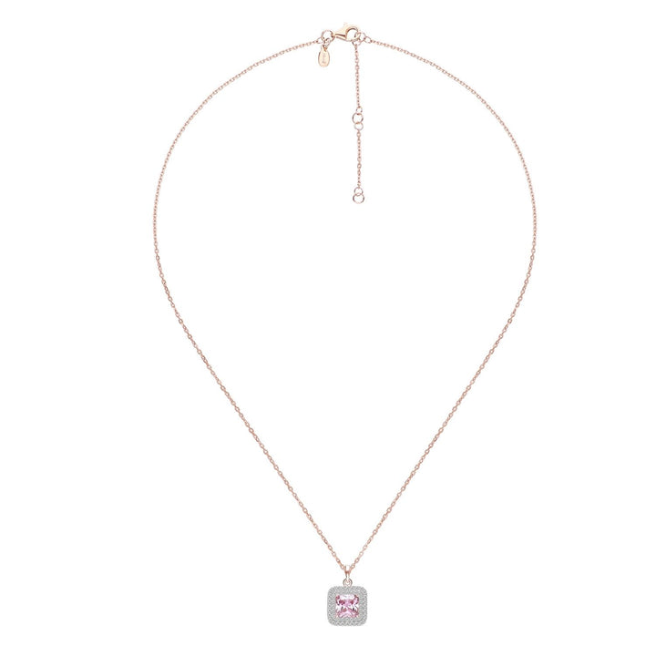 Decorum: สร้อยคอพร้อมจี้เงินชุบโรสโกลด์ประดับ CZ สีชมพูทรง Square Cut ล้อมเพชร CZ สองชั้น