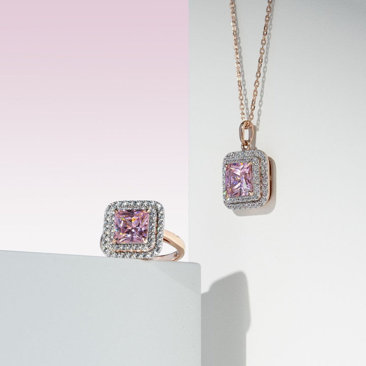 Decorum: สร้อยคอพร้อมจี้เงินชุบโรสโกลด์ประดับ CZ สีชมพูทรง Square Cut ล้อมเพชร CZ สองชั้น