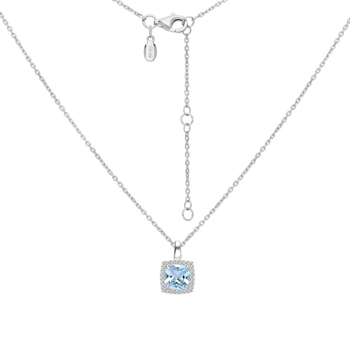 Decorum: สร้อยคอพร้อมจี้เงินประดับ Synthetic Aquamarine Spinel ทรง Square Cut ล้อมเพชร CZ