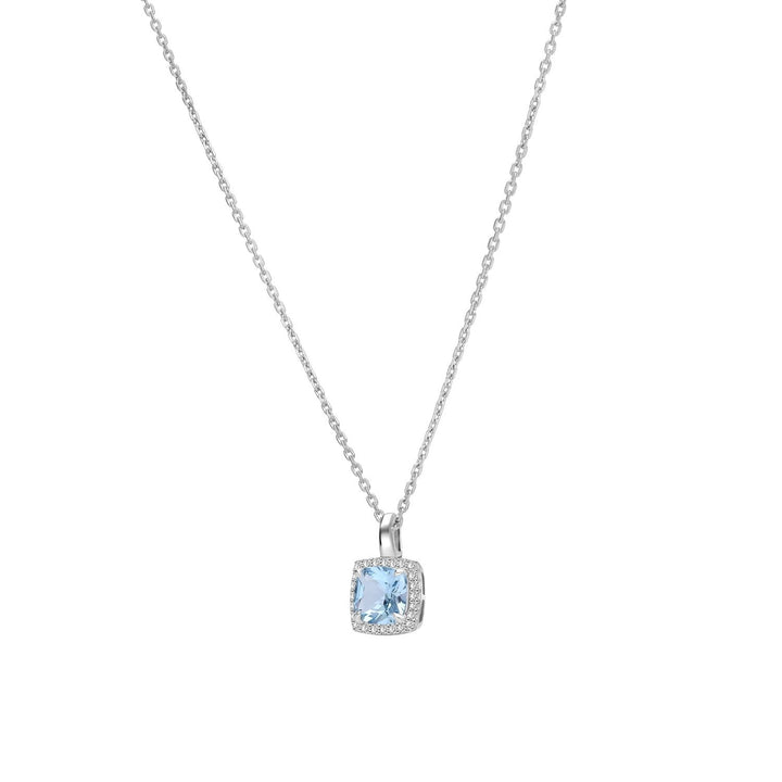 Decorum: สร้อยคอพร้อมจี้เงินประดับ Synthetic Aquamarine Spinel ทรง Square Cut ล้อมเพชร CZ