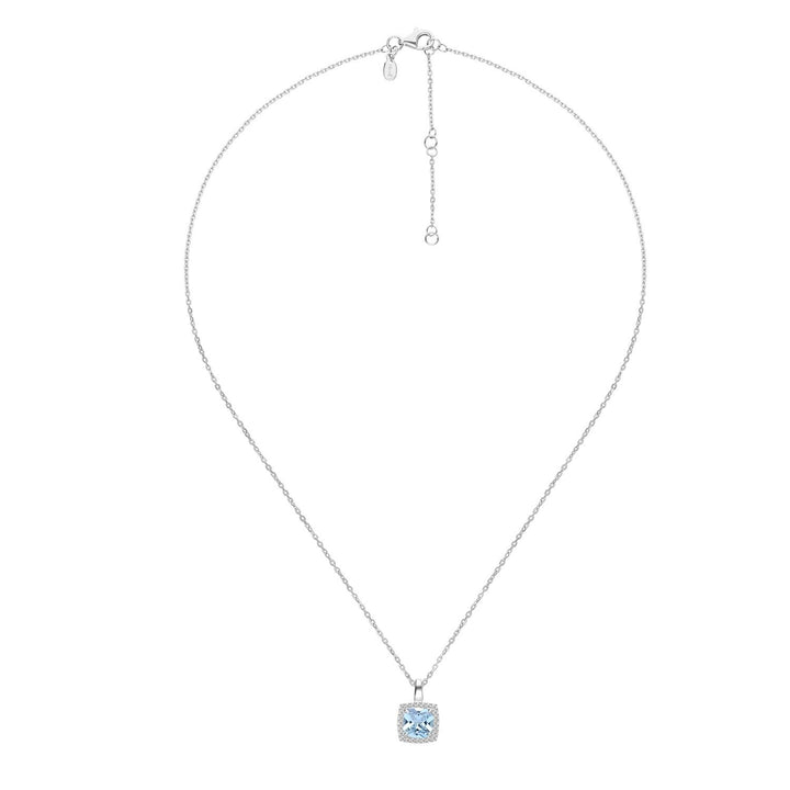 Decorum: สร้อยคอพร้อมจี้เงินประดับ Synthetic Aquamarine Spinel ทรง Square Cut ล้อมเพชร CZ