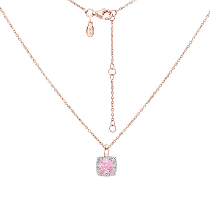 Decorum: สร้อยคอพร้อมจี้เงินชุบโรสโกลด์ประดับ CZ สีชมพูทรง Square Cut ล้อมเพชร CZ