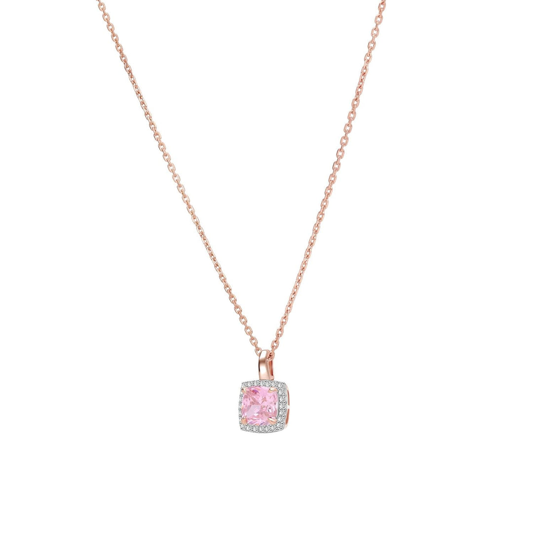 Decorum: สร้อยคอพร้อมจี้เงินชุบโรสโกลด์ประดับ CZ สีชมพูทรง Square Cut ล้อมเพชร CZ