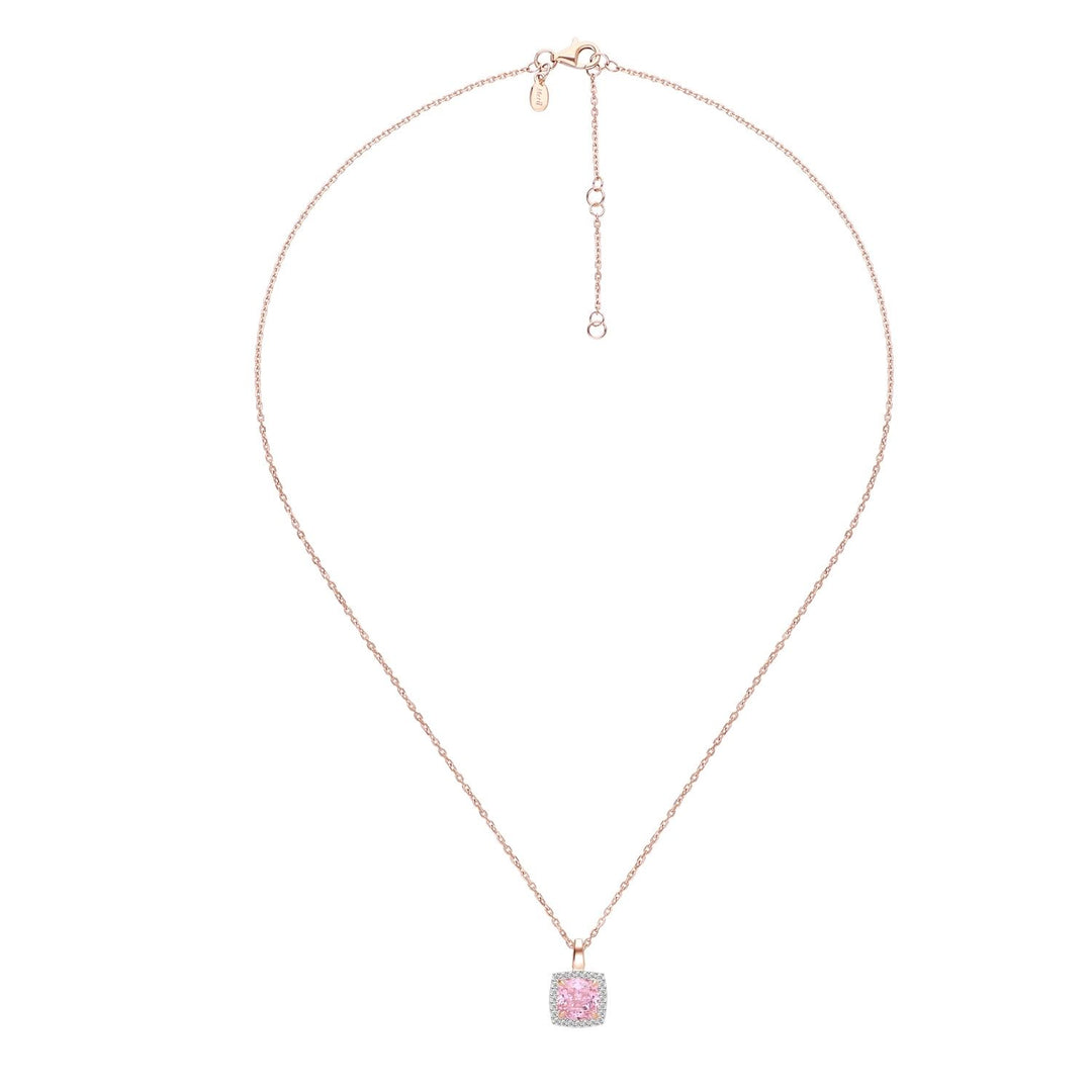 Decorum: สร้อยคอพร้อมจี้เงินชุบโรสโกลด์ประดับ CZ สีชมพูทรง Square Cut ล้อมเพชร CZ