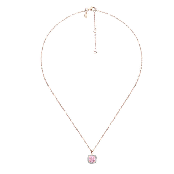 Decorum: สร้อยคอพร้อมจี้เงินชุบโรสโกลด์ประดับ CZ สีชมพูทรง Square Cut ล้อมเพชร CZ