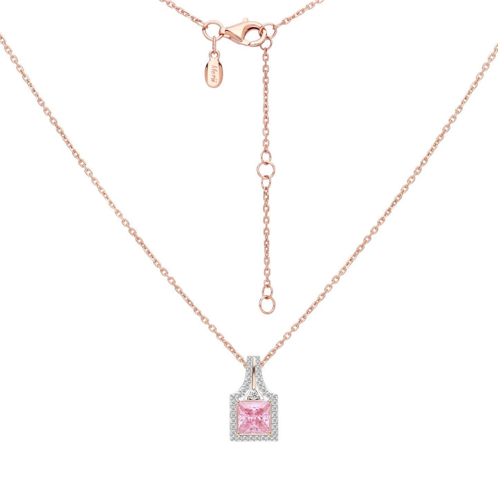 Decorum: Sterling Silver Rose Gold Plated Pink CZ Princess Cut Halo Pendant Necklace
