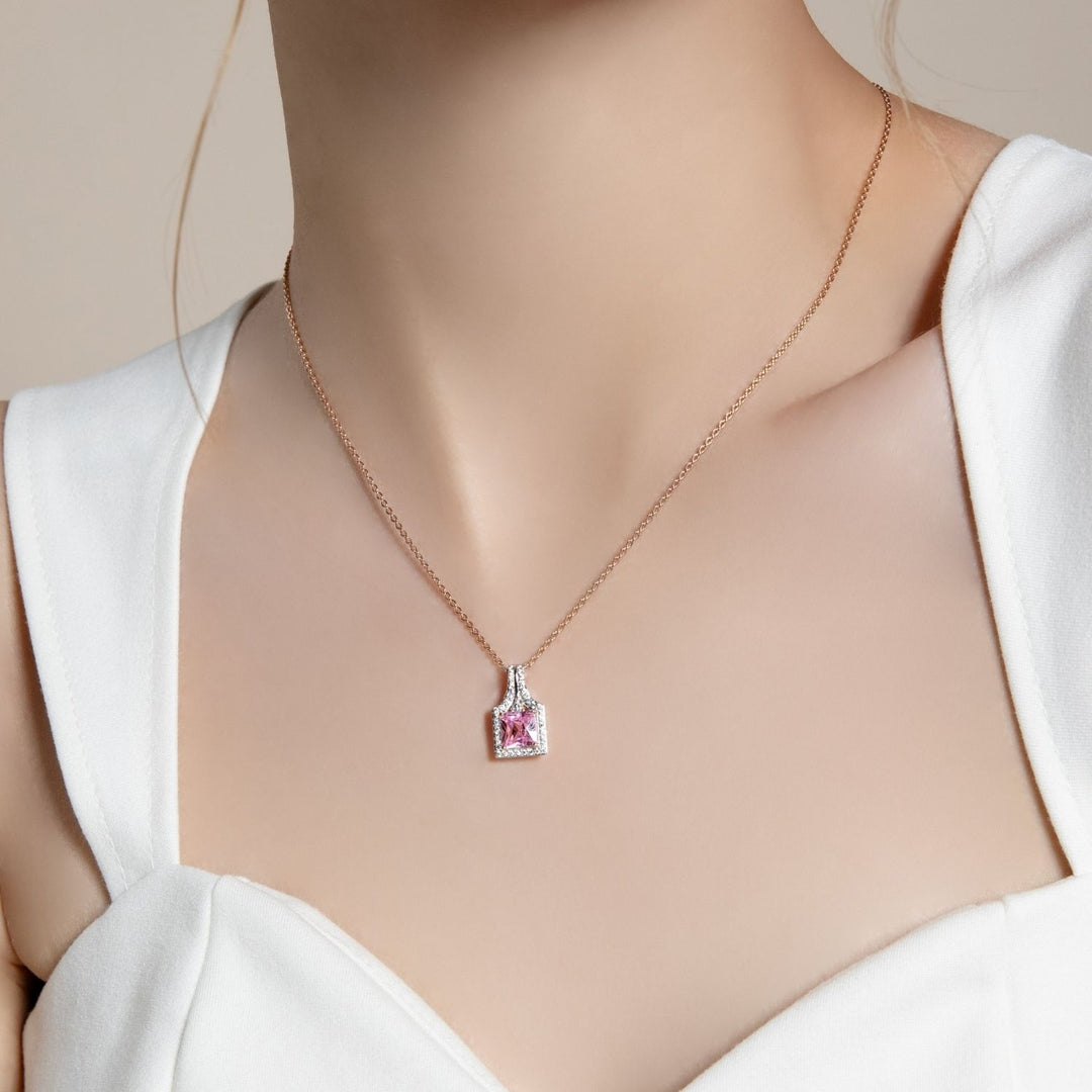 Decorum: Sterling Silver Rose Gold Plated Pink CZ Princess Cut Halo Pendant Necklace
