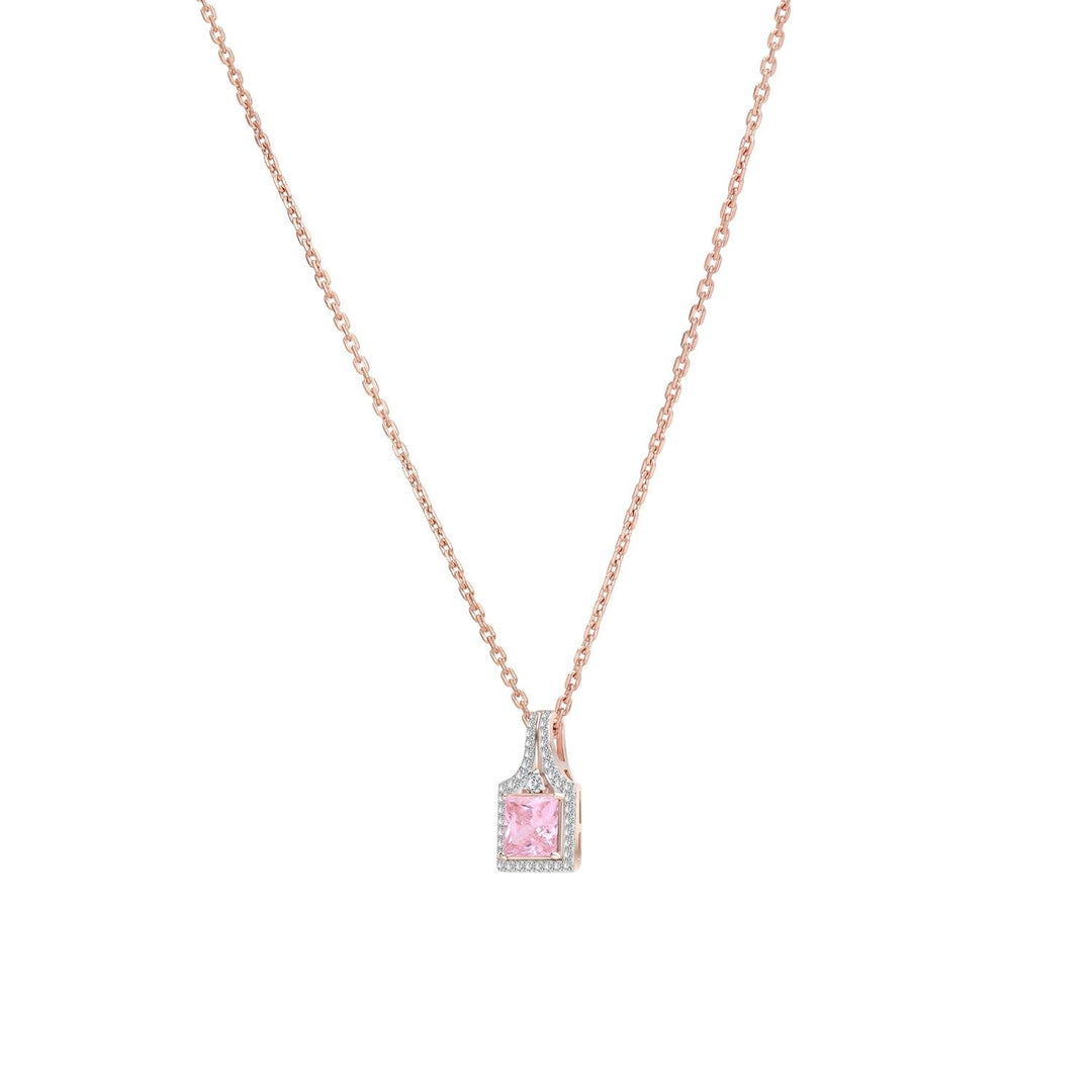 Decorum: Sterling Silver Rose Gold Plated Pink CZ Princess Cut Halo Pendant Necklace