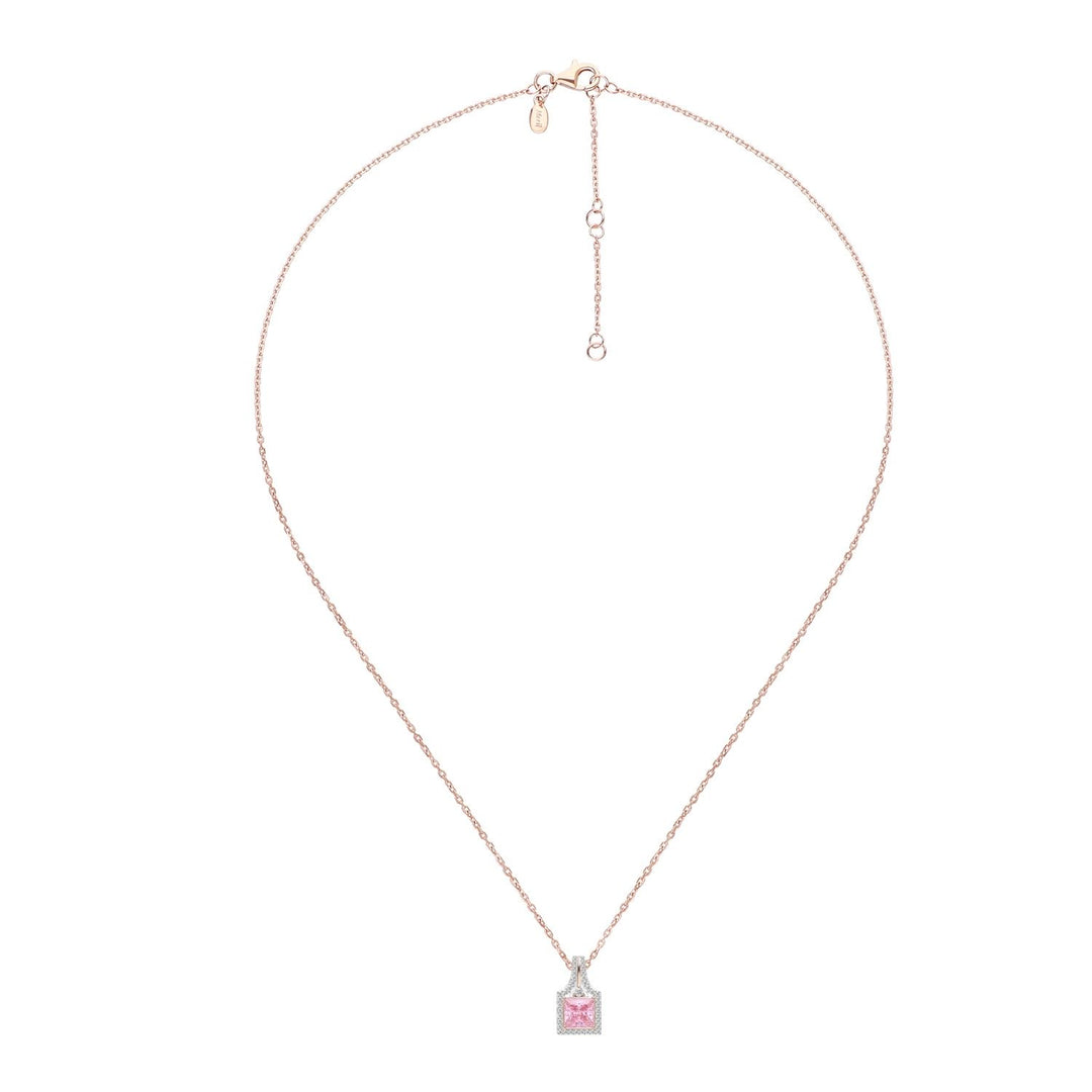 Decorum: Sterling Silver Rose Gold Plated Pink CZ Princess Cut Halo Pendant Necklace