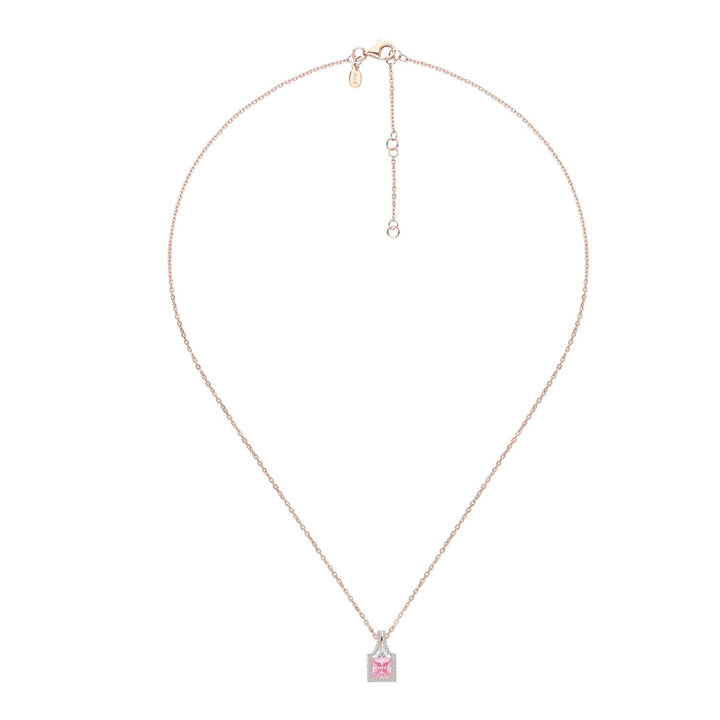 Decorum: Sterling Silver Rose Gold Plated Pink CZ Princess Cut Halo Pendant Necklace