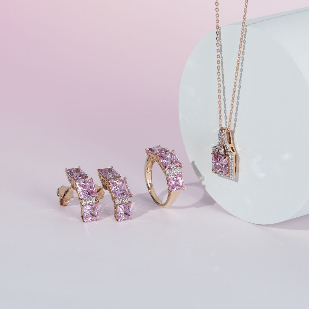 Decorum: Sterling Silver Rose Gold Plated Pink CZ Princess Cut Halo Pendant Necklace