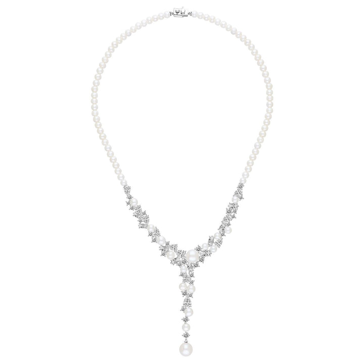 Classic Pearl: Sterling Silver Rhodium Plated Necklace with Princessl and Cluster CZ