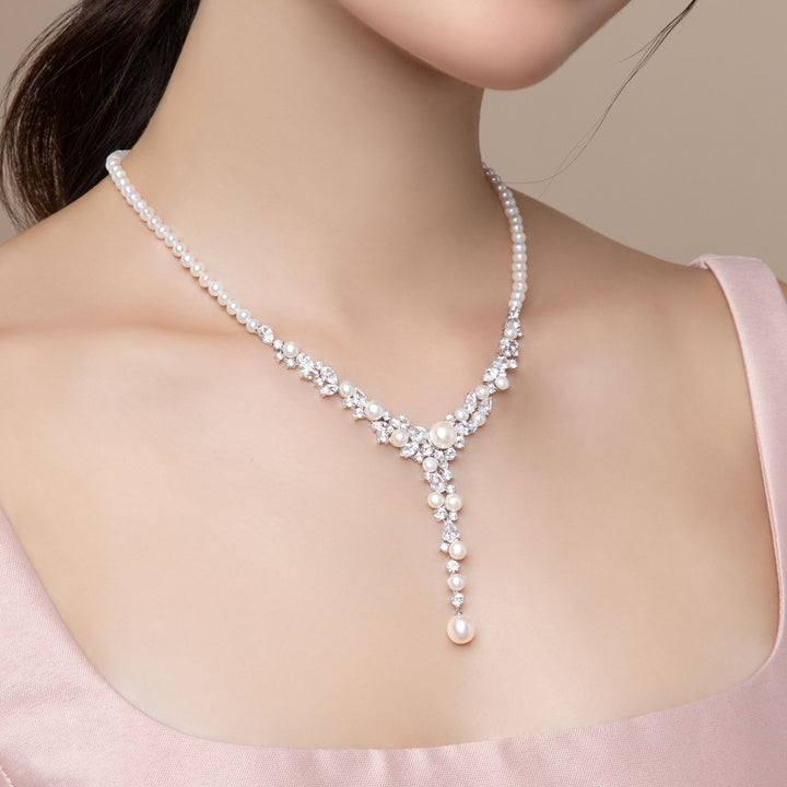 Classic Pearl: Sterling Silver Rhodium Plated Necklace with Princessl and Cluster CZ