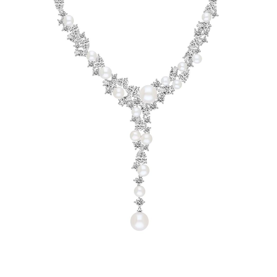 Classic Pearl: Sterling Silver Rhodium Plated Necklace with Princessl and Cluster CZ