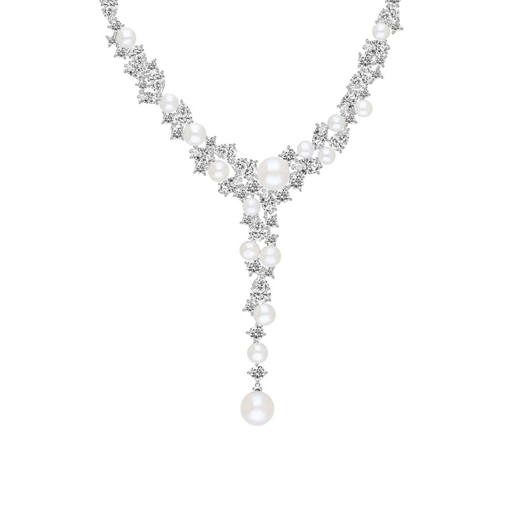 Classic Pearl: Sterling Silver Rhodium Plated Necklace with Princessl and Cluster CZ