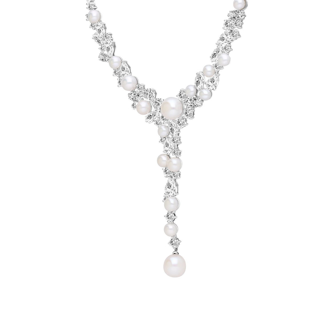 Classic Pearl: Sterling Silver Rhodium Plated Necklace with Princessl and Cluster CZ