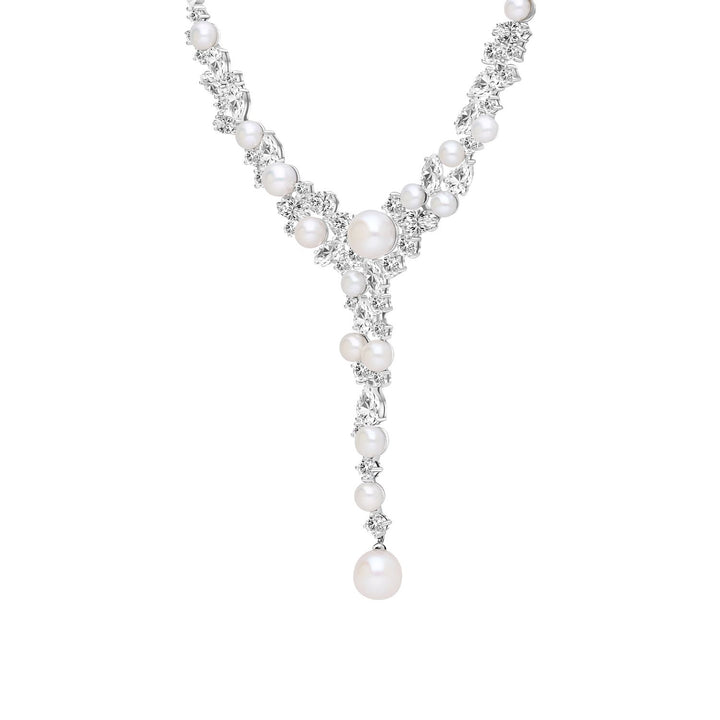 Classic Pearl: Sterling Silver Rhodium Plated Necklace with Princessl and Cluster CZ