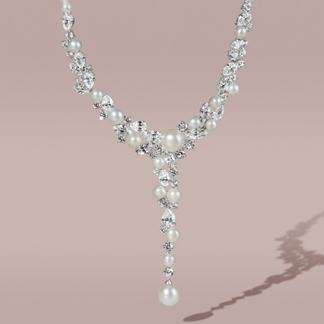 Classic Pearl: Sterling Silver Rhodium Plated Necklace with Princessl and Cluster CZ
